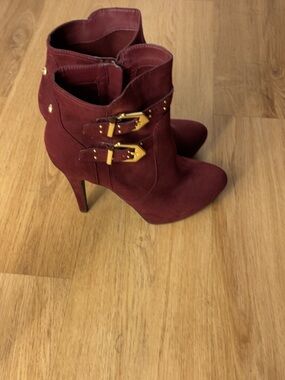 Guess Burgundy Suede High Heel Ankle Boots with Gold Buckles